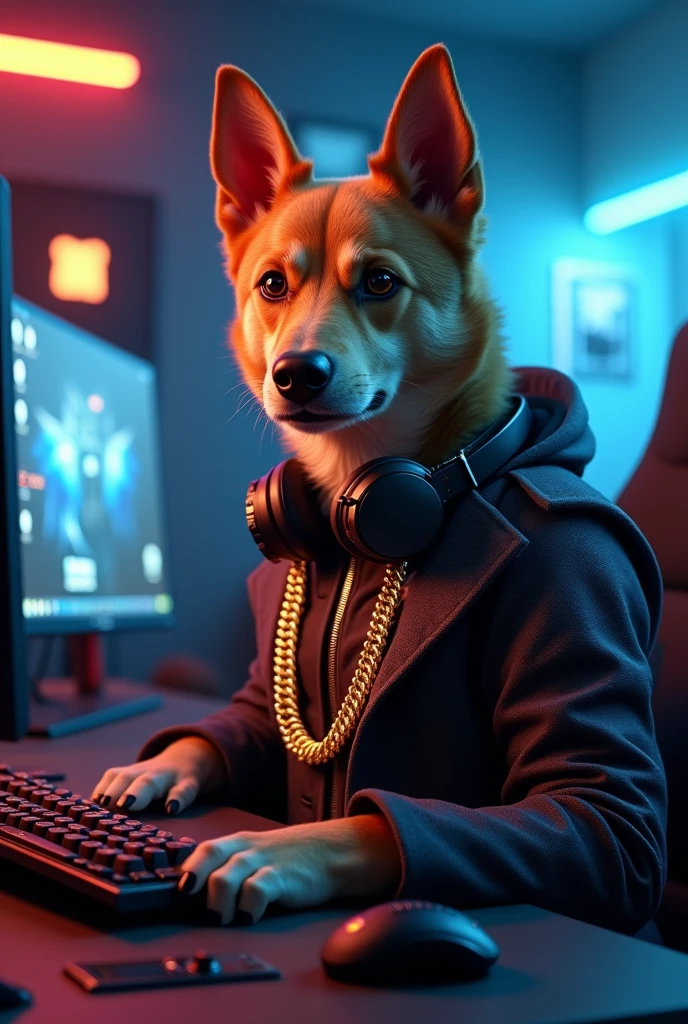 A well dressed dog Gamer with headphone and gold chains in the neck with proper gaming set up