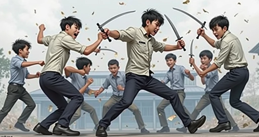 brawl between students, Indonesian school, sharp weapon, fake weapon, boxing and hitting each other