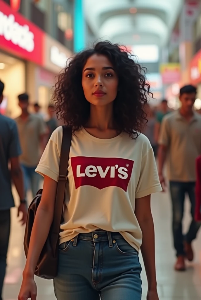 Real Kashmiri Indian  girl  age 30 in Levi's t shirt weight 55 kg with cubby chicks dimple chin curly hair in mall 