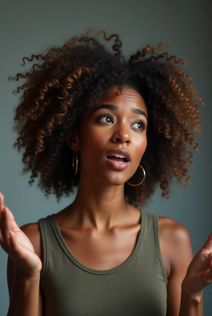 A speech girl with curly hair and taking a realistic photo