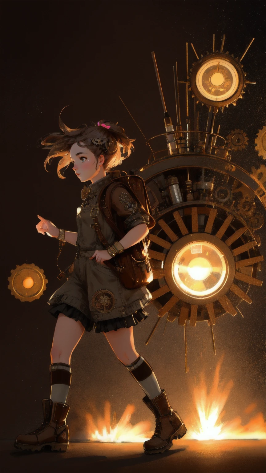 Create an ultra-realistic image with a brown background, featuring a beautiful, cute girl in a steampunk-themed outfit. Replace the original robot character with the girl, ensuring she has mechanical elements like gears, tubes, and a steam-powered backpack, while maintaining a dynamic running pose similar to the original. The overall theme should reflect the same intricate, mechanical aesthetic.