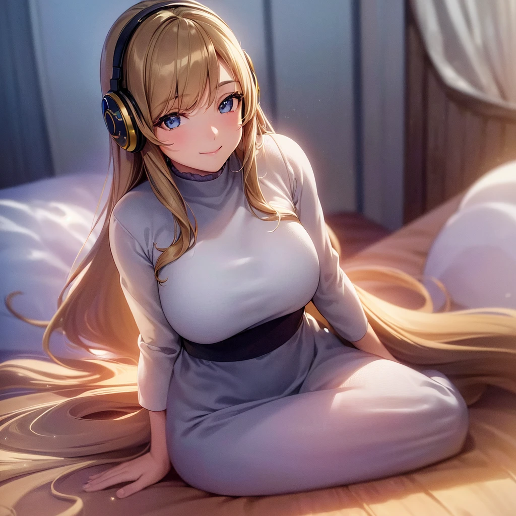 a beautiful smiling girl streamer with headphones, delicate and elegant facial features, shiny hair, wearing a casual outfit, sitting in a cozy home studio setting, (best quality,8k,highres,masterpiece:1.2),ultra-detailed,(realistic,photorealistic,photo-realistic:1.37),soft warm lighting,vibrant colors,detailed texture,intricate background,professional lighting and post-processing