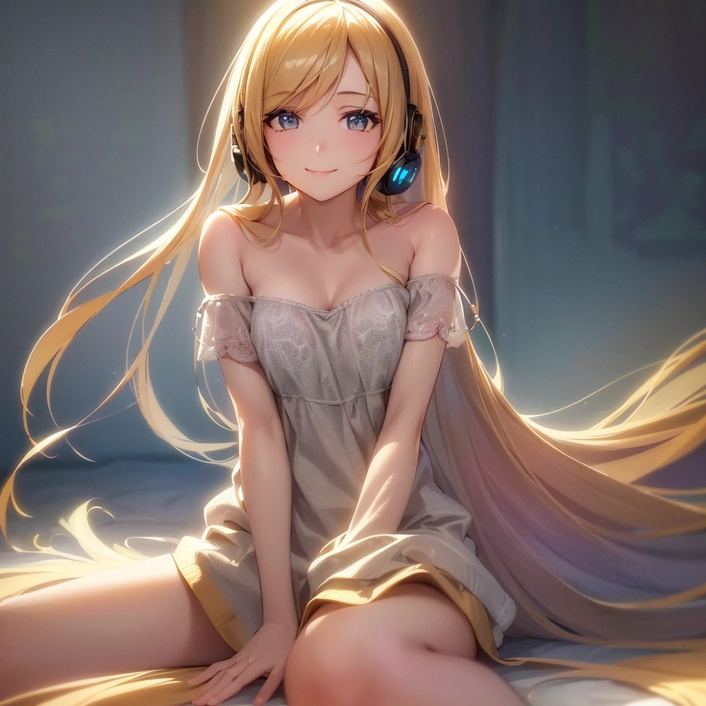 a beautiful smiling girl streamer with headphones, delicate and elegant facial features, shiny hair, wearing a casual outfit, sitting in a cozy home studio setting, (best quality,8k,highres,masterpiece:1.2),ultra-detailed,(realistic,photorealistic,photo-realistic:1.37),soft warm lighting,vibrant colors,detailed texture,intricate background,professional lighting and post-processing