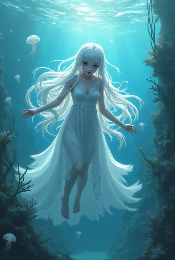 (Tabletop), (Highest quality), Very detailed, 1 girl, Solo full body shot, Perfect Face, Anime Beautiful, Very detailed顔，(Long white hair:1.5)，(blue eyes:1.4)，(Floating Hair:1.4)，(Underwater:1.4)，seabed，Angel T，Forms，jellyfish，Seaweed，Coral Reef，sink