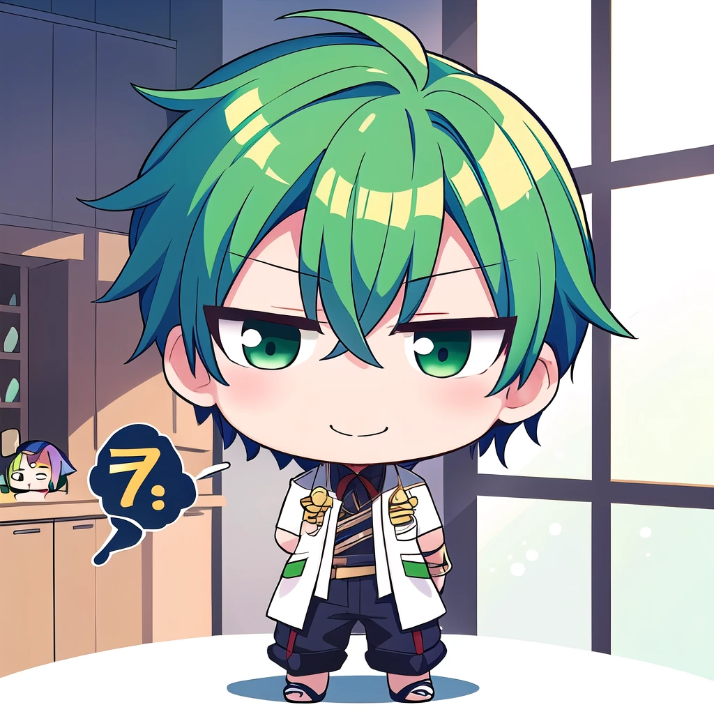 1boy, (chibi:1.4), smile, closed mouth, dynamic angle, standing, , green hair, glass,パーマヘア,