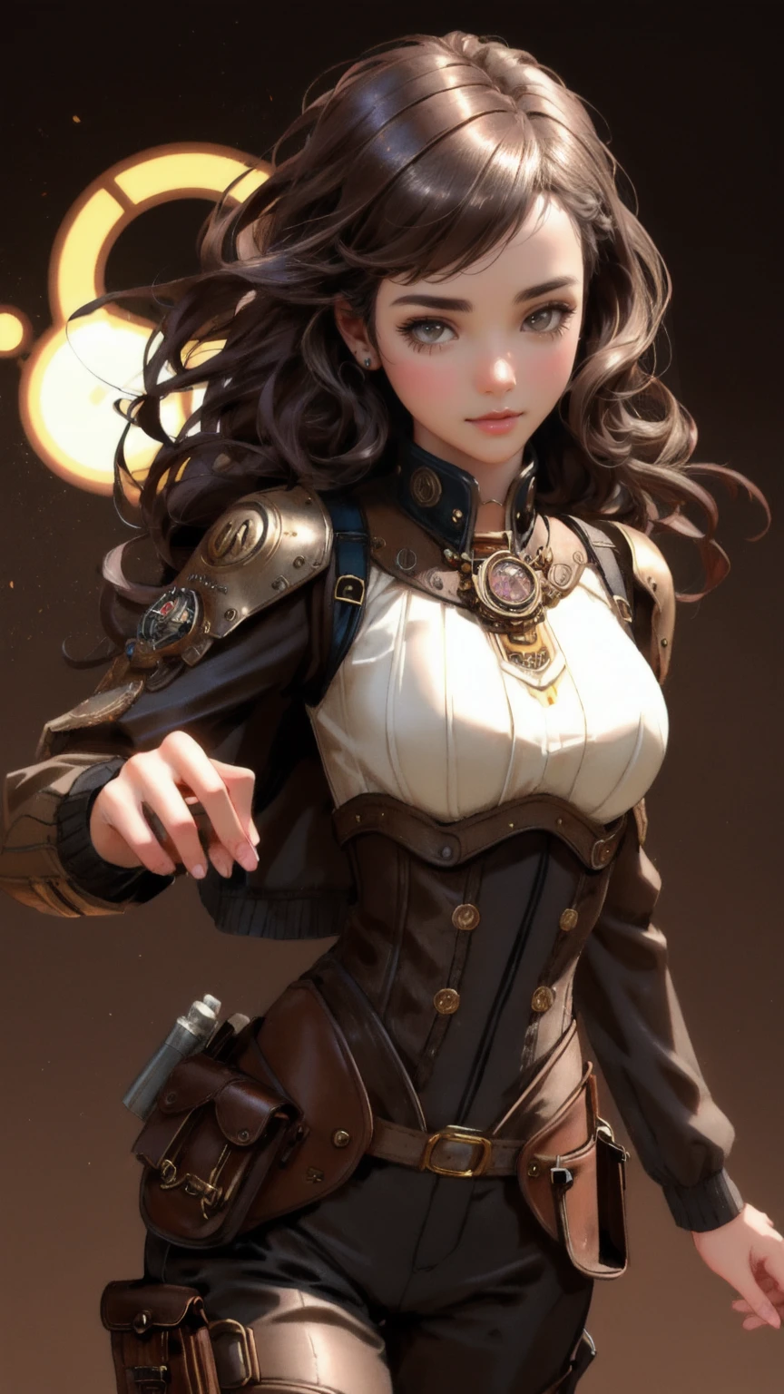 steampunk, very detailed beautiful girl, very detailed face, very detailed eyes, very detailed skin, very detailed fingers, very detailed nose, very detailed detailed mouth, perfect anatomy, detailed background, detailed clothes, one girl, (20:1.2), 20s, incredible beautiful girl, realistic body, petite, white skin, radiant skin, slim body, handsome body, slightly brownish black hair, Long straight hair, (dull bangs: 1.2), cute, youthful, pretty face, realistic face, delicate eyes, sagging eyes, princess dress, long boots, camera gaze, cowboy shot, front facing, standing position, contraposto, dynamic lighting, small pretty breasts, cowboy shot