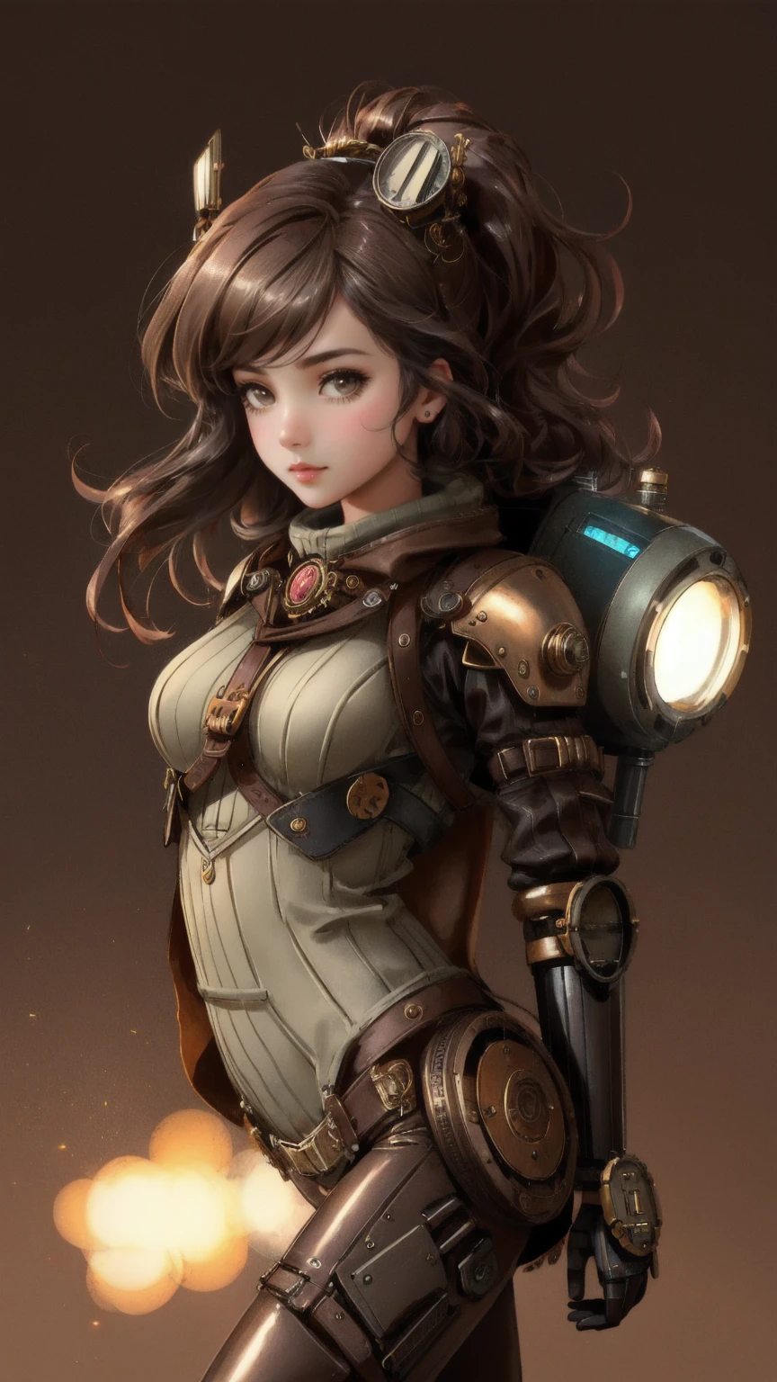 Create an ultra-realistic image with a brown background, replacing the original robot character with a beautiful, cute girl in a steampunk-inspired outfit. She should be in a dynamic running pose similar to the original, with mechanical elements integrated into her attire. Include the keyword 'Permanent Temporary Fix' as a subtle detail, perhaps as a label on one of her mechanical parts or accessories, blending into the steampunk theme.