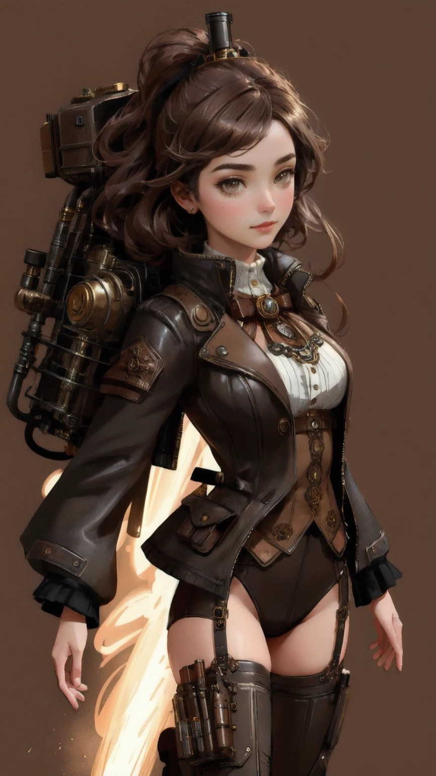 steampunk, very detailed beautiful girl, very detailed face, very detailed eyes, very detailed skin, very detailed fingers, very detailed nose, very detailed detailed mouth, perfect anatomy, detailed background, detailed clothes, one girl, (20:1.2), 20s, cute girl, realistic body, petite, white skin, radiant skin, slim body, handsome body, slightly brownish black hair, Long straight hair, (dull bangs: 1.2), cute, youthful, pretty face, realistic face, delicate eyes, sagging eyes, top hat, antique pilot goggles, leather vest, white blouse, leather pants, garter belt, camera gaze, cowboy shot, front-facing, standing posture, contrappost, dynamic lighting, small pretty breasts, Cowboy Shots