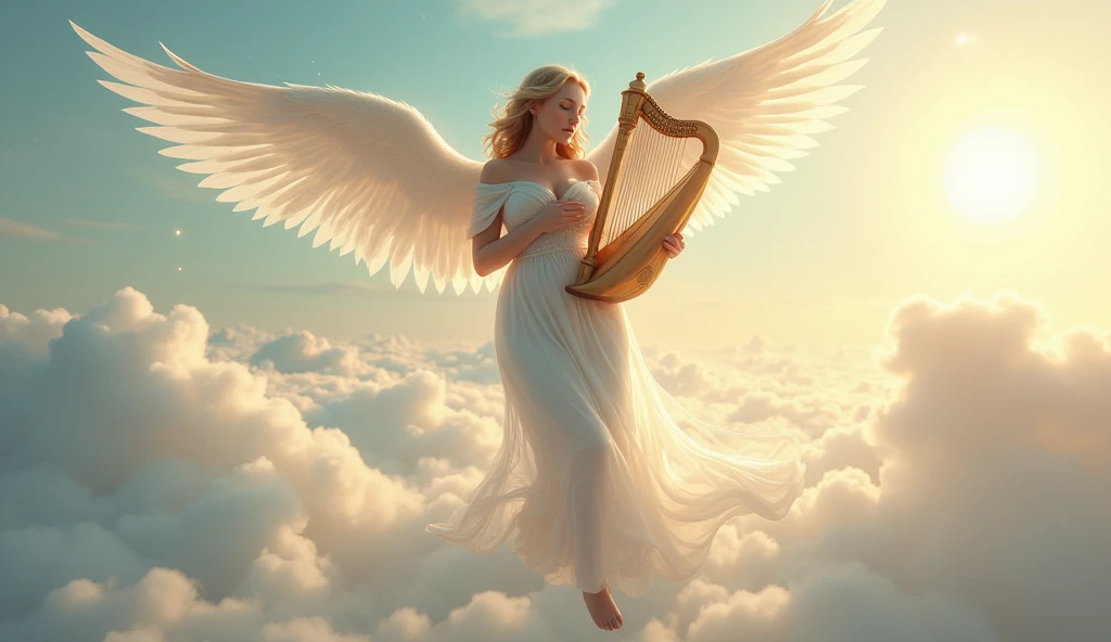 A sensuous female angel with a curvaceous body, adorned in a delicate, semi-transparent white gown that accentuates her form. She is floating above the clouds, her white, feathery wings glowing softly in the ambient light. Her eyes are closed in bliss, and her hands are gently holding a golden harp, from which faint, harmonious notes seem to emanate. The background features a sky of swirling pastel colors, with glimmers of stars and celestial bodies, creating a dreamlike, otherworldly atmosphere. Aim for realistic depiction, make sure photos are at highest resolution (8K)