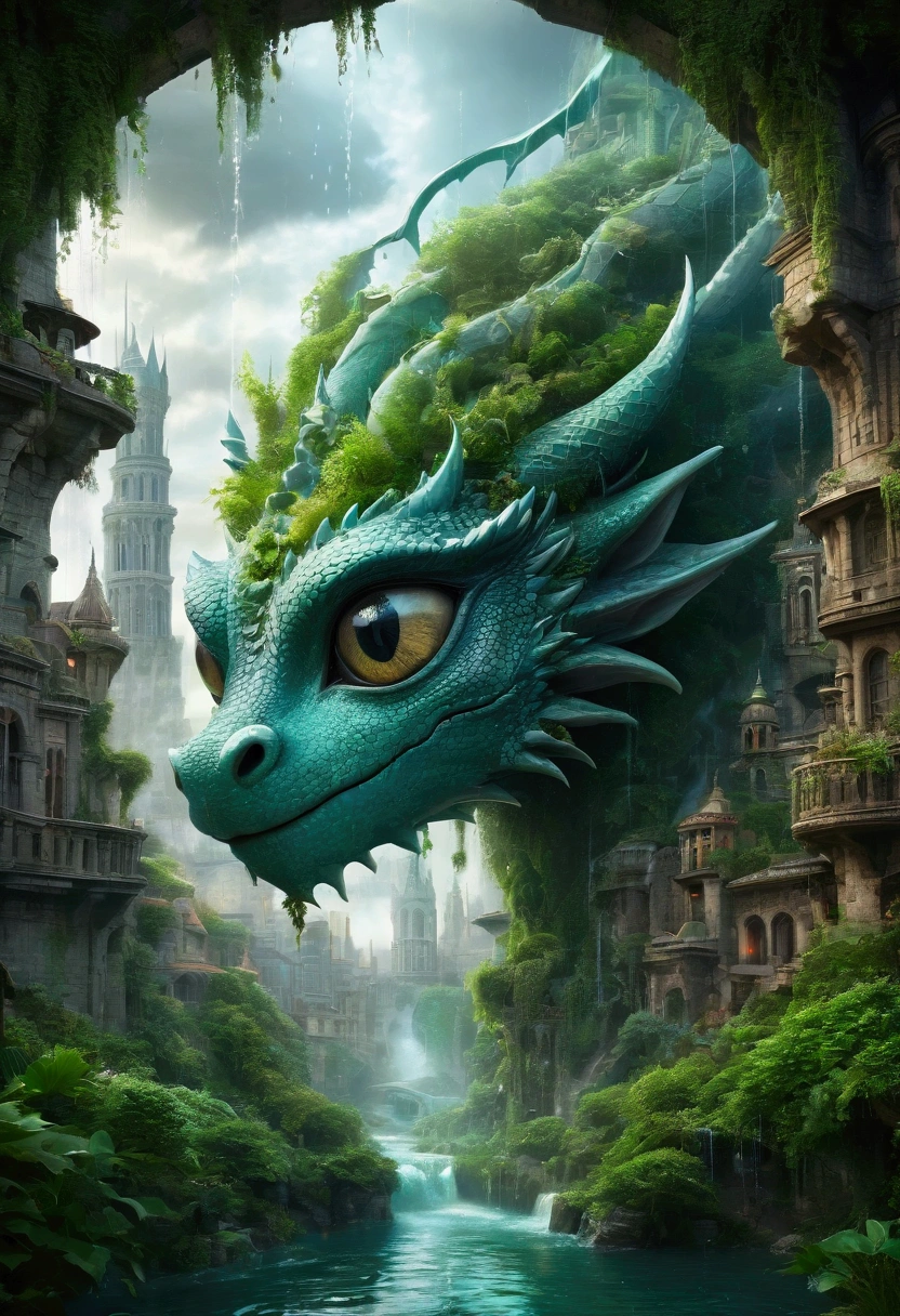 Fantasy on the theme of Dreamy dragon, unreal dramatic city in the form of a large head, with a large eye, flowing pools raining down insignificant vegetation, Mysterious