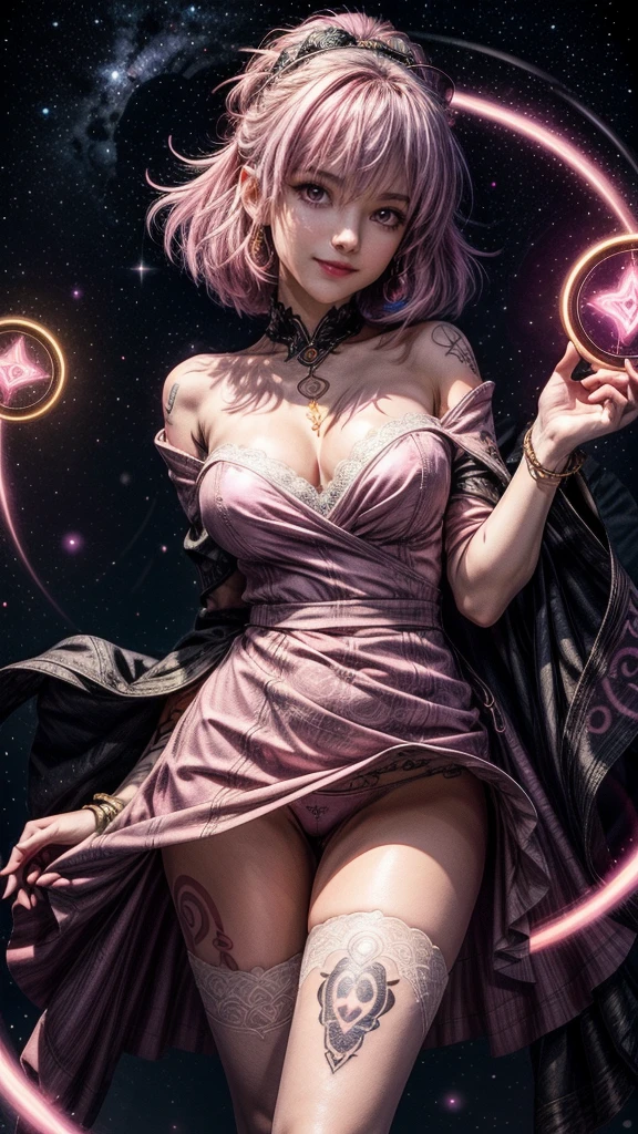 A beautiful mid 20s woman with a slender anime build, light lavender hair in a loose cascade, (pink inner thigh tattoos:1.42), standing in a contrapposto stance with a light smile, wearing a deep purple wrap dress, (front of skirt is hiked up), white lace stockings, high-heeled purple boots, and a heavy bust, holding a magic staff above her head in a spell casting pose, set against a starry void background, (pink glowing magic symbol circles:1.27), a swirl of energy around her feet, with extremely detailed facial features, hands, eyes, and intricate background details, rendered in 16k resolution with best quality and masterpiece style, under moody lighting