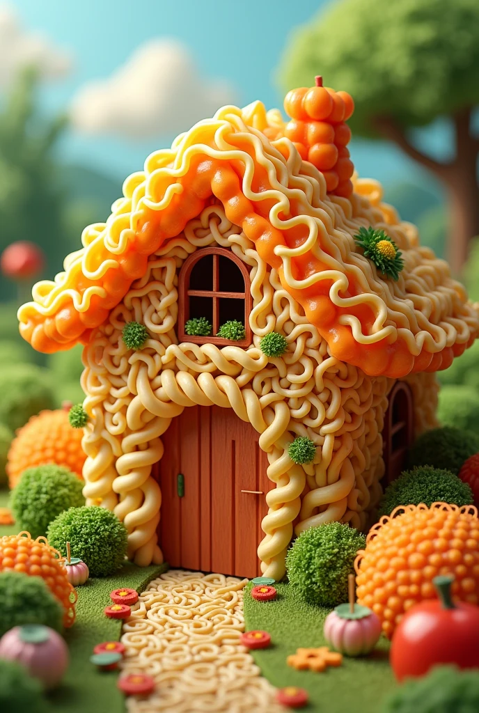 Generate an image of house in yummy noddles look
