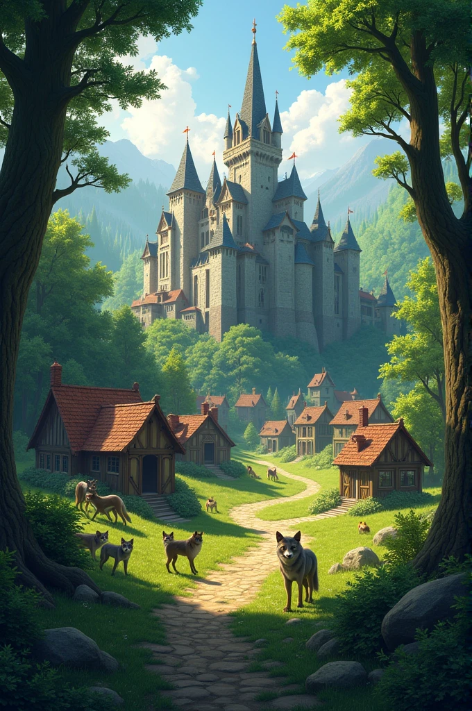 A village in the middle of the forest, Pack, wolf pack, in the center a castle