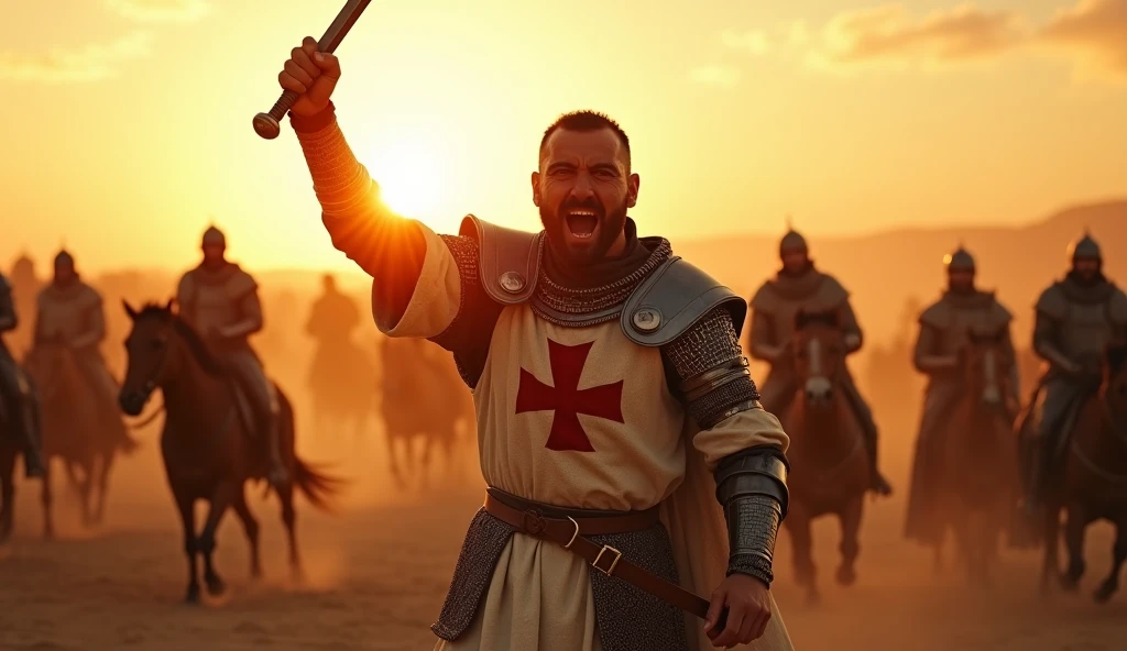 A highly realistic, high-contrast, 8K HD, detailed, hyper-detailed image of a Crusader protagonist on a desert battlefield at sunrise, letting out a powerful battle cry to rally his fellow Crusaders. The scene is set in the early morning as the sun begins to rise, casting warm golden light across the vast, sandy landscape. The protagonist, clad in steel armor with a red cross emblem on his tunic, stands at the center of the image, his face filled with determination and resolve. His arm is raised, sword in hand, as he calls out to his comrades, inspiring them to fight with renewed vigor. The surrounding Crusaders are in various states of readiness, responding to his call, but the focus remains on the protagonist. The scene is filled with energy and intensity, capturing the dramatic moment as the dawn light illuminates the battlefield. The image is of the highest quality, with ultra-high resolution, RAW photo quality, and Unreal Engine rendering, highlighting the heroism and leadership of the Crusader as he motivates his allies.