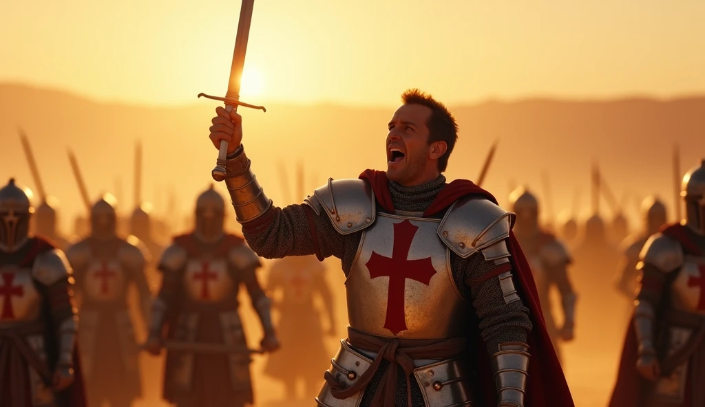 A highly realistic, high-contrast, 8K HD, detailed, hyper-detailed image of a Crusader protagonist on a desert battlefield at sunrise, letting out a powerful battle cry to rally his fellow Crusaders. The scene is set in the early morning as the sun begins to rise, casting warm golden light across the vast, sandy landscape. The protagonist, clad in steel armor with a red cross emblem on his tunic, stands at the center of the image, his face filled with determination and resolve. His arm is raised, sword in hand, as he calls out to his comrades, inspiring them to fight with renewed vigor. The surrounding Crusaders are in various states of readiness, responding to his call, but the focus remains on the protagonist. The scene is filled with energy and intensity, capturing the dramatic moment as the dawn light illuminates the battlefield. The image is of the highest quality, with ultra-high resolution, RAW photo quality, and Unreal Engine rendering, highlighting the heroism and leadership of the Crusader as he motivates his allies.
