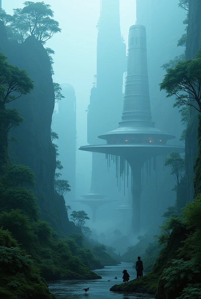 A landscape size  banner cyberpunk extra terrestrial rain forest with extraterrestrial alien architecture with aliens in the forest mist smog and fog with digital uv glowing lightings twilight  blury cinematic lightings all in the forest floating  photorealistic, natural lighting, ultra realistic photo, high quality, HDR, high resolution, smooth and delicate , noble and elegant, ultra-realistic photography vibe, shot with Canon camera, intricate details, award winning photography 32k --s 750 --v 6.1