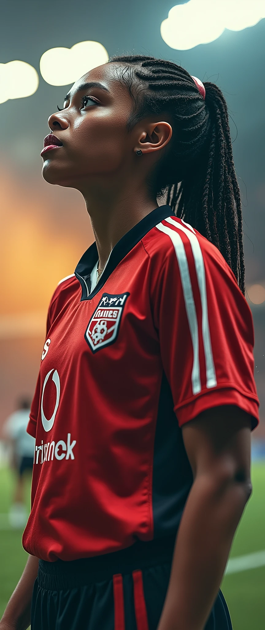 a female rapper in rugby wear, hip hop motifs, playing rugby rap gestures, 1girl, detailed facial features, hyperrealistic, intricate details, vibrant colors, dramatic lighting, cinematic composition, award-winning digital art, photorealistic, 8k, best quality