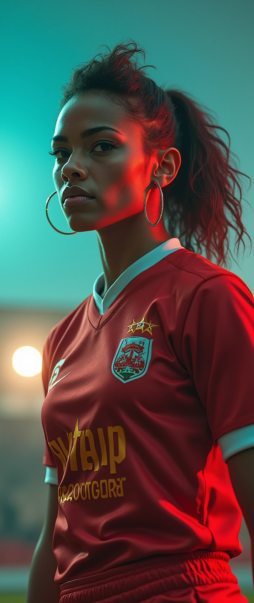 a female rapper in rugby wear, hip hop motifs, playing rugby rap gestures, 1girl, detailed facial features, hyperrealistic, intricate details, vibrant colors, dramatic lighting, cinematic composition, award-winning digital art, photorealistic, 8k, best quality