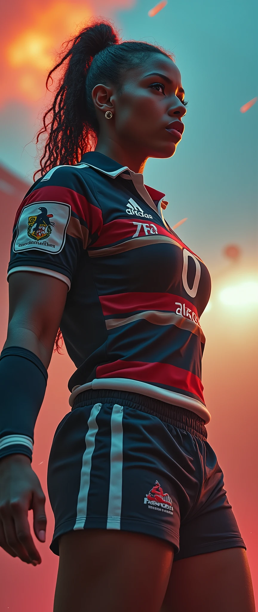 a female rapper in rugby wear, hip hop motifs, playing rugby rap gestures, 1girl, detailed facial features, hyperrealistic, intricate details, vibrant colors, dramatic lighting, cinematic composition, award-winning digital art, photorealistic, 8k, best quality