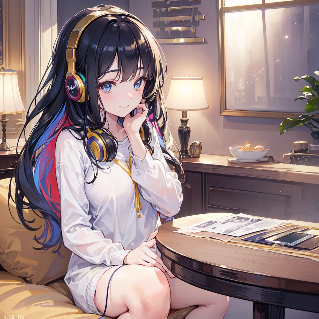 a beautiful smiling girl streamer with headphones, delicate and elegant facial features, shiny hair, wearing a casual outfit, sitting in a cozy home studio setting, (best quality,8k,highres,masterpiece:1.2),ultra-detailed,(realistic,photorealistic,photo-realistic:1.37),soft warm lighting,vibrant colors,detailed texture,intricate background,professional lighting and post-processing