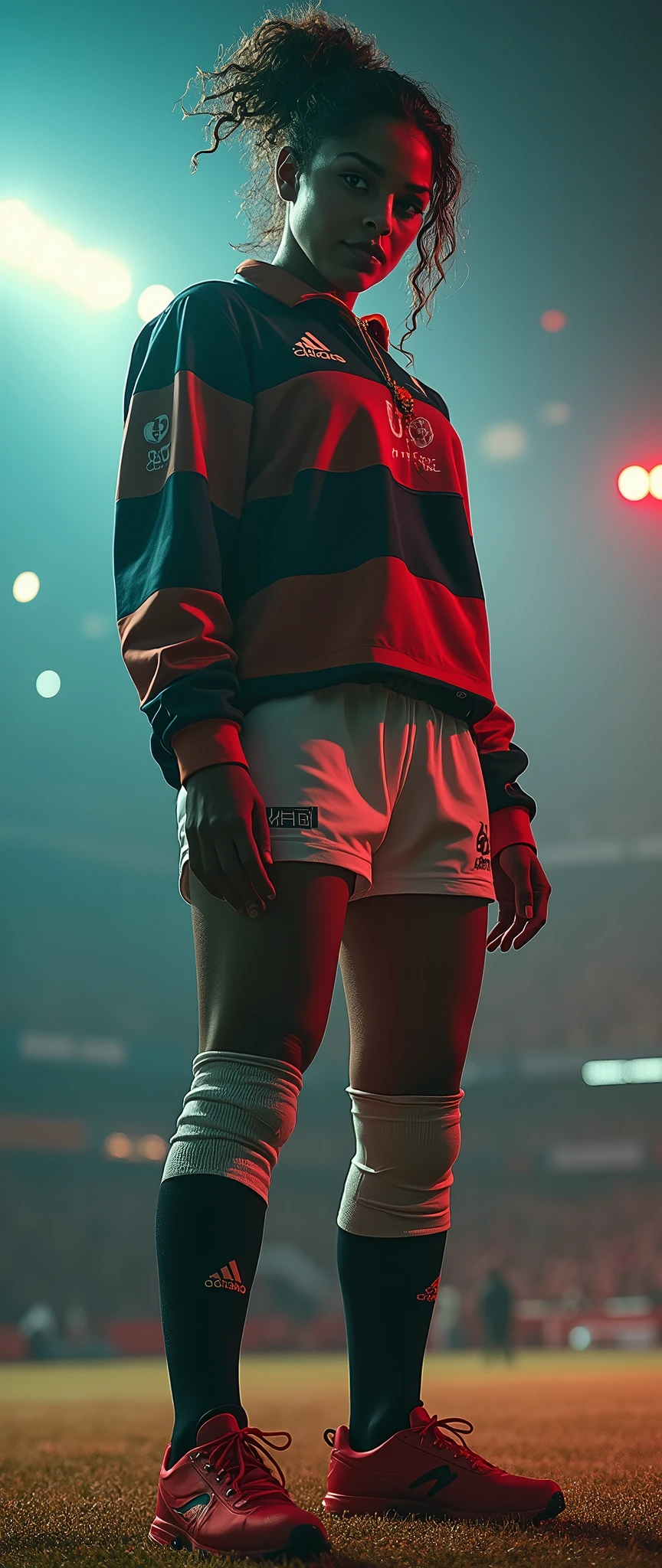 a female rapper in rugby wear, hip hop motifs, playing rugby rap gestures, 1girl, detailed facial features, hyperrealistic, intricate details, vibrant colors, dramatic lighting, cinematic composition, award-winning digital art, photorealistic, 8k, best quality