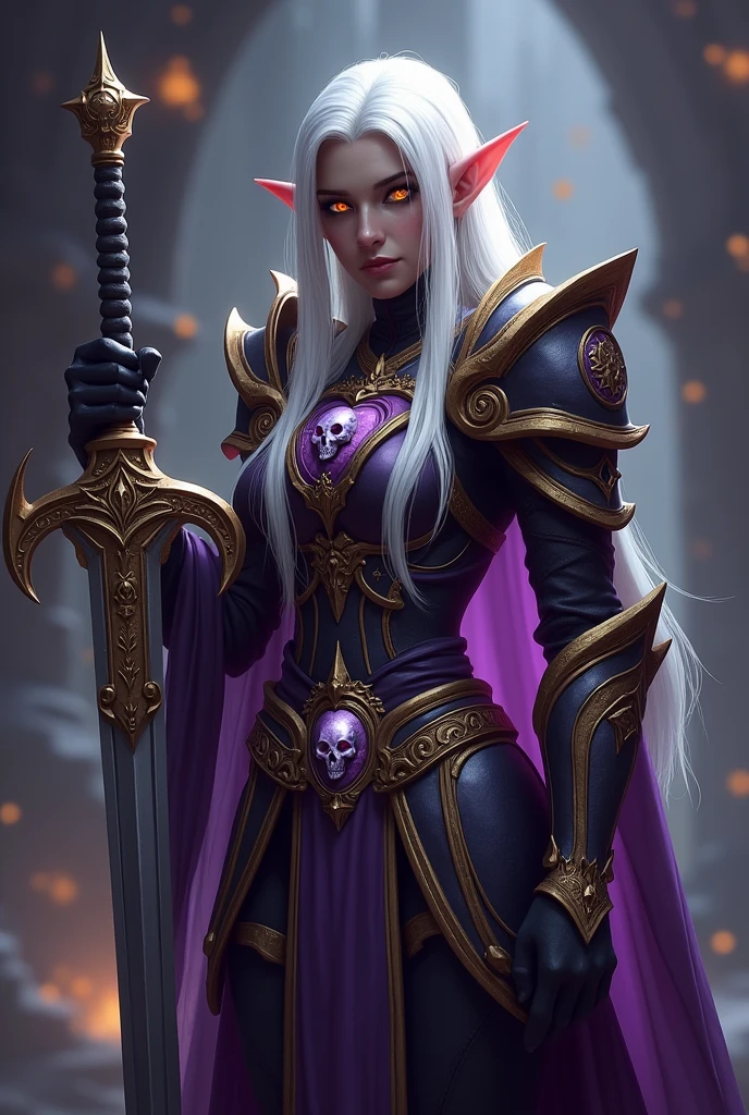 Game Theme World of Warcraft Image of a 32-year-old white-haired elf standing holding her favorite sword,dark black Skin,blood elf Paladin Wow, Long elf ears, glowing Golden eyes, Dark Purple and Gold Armor, Dark Purple Pauldrons, Purple skull Pauldron, Gold and Purple Chestpiece, gauntlets, Dark Golden tabard,  dramatic tones. A masterpiece with the highest resolution. , Surrealist image type