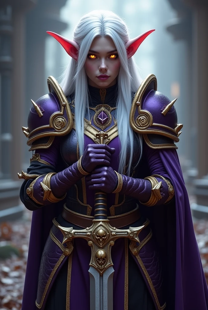 Game Theme World of Warcraft Image of a 32-year-old white-haired elf standing holding her favorite sword,dark black Skin,blood elf Paladin Wow, Long elf ears, glowing Golden eyes, Dark Purple and Gold Armor, Dark Purple Pauldrons, Purple skull Pauldron, Gold and Purple Chestpiece, gauntlets, Dark Golden tabard, dramatic tones. A masterpiece with the highest resolution. , Surrealist image type