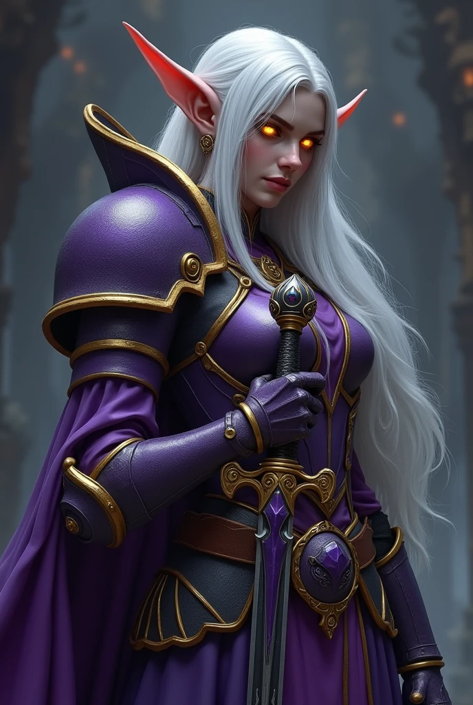 Game Theme World of Warcraft Image of a 32-year-old white-haired elf standing holding her favorite sword,dark black Skin,blood elf Paladin Wow, Long elf ears, glowing Golden eyes, Dark Purple and Gold Armor, Dark Purple Pauldrons, Purple skull Pauldron, Gold and Purple Chestpiece, gauntlets, Dark Golden tabard,  dramatic tones. A masterpiece with the highest resolution. , Surrealist image type
