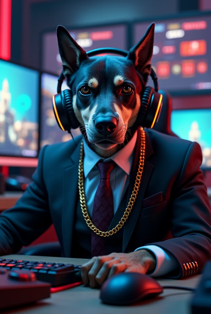 A well dressed agressive dog Gamer with headphone and gold chains in the neck with proper gaming set up