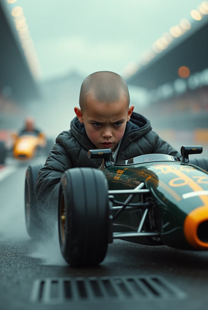 Grid- bald  Girl, racing car, photo finish, best quality, (masterpiece:1.2), high quality, absurdres, highres, hyper detailed, RAW, detailed background, 