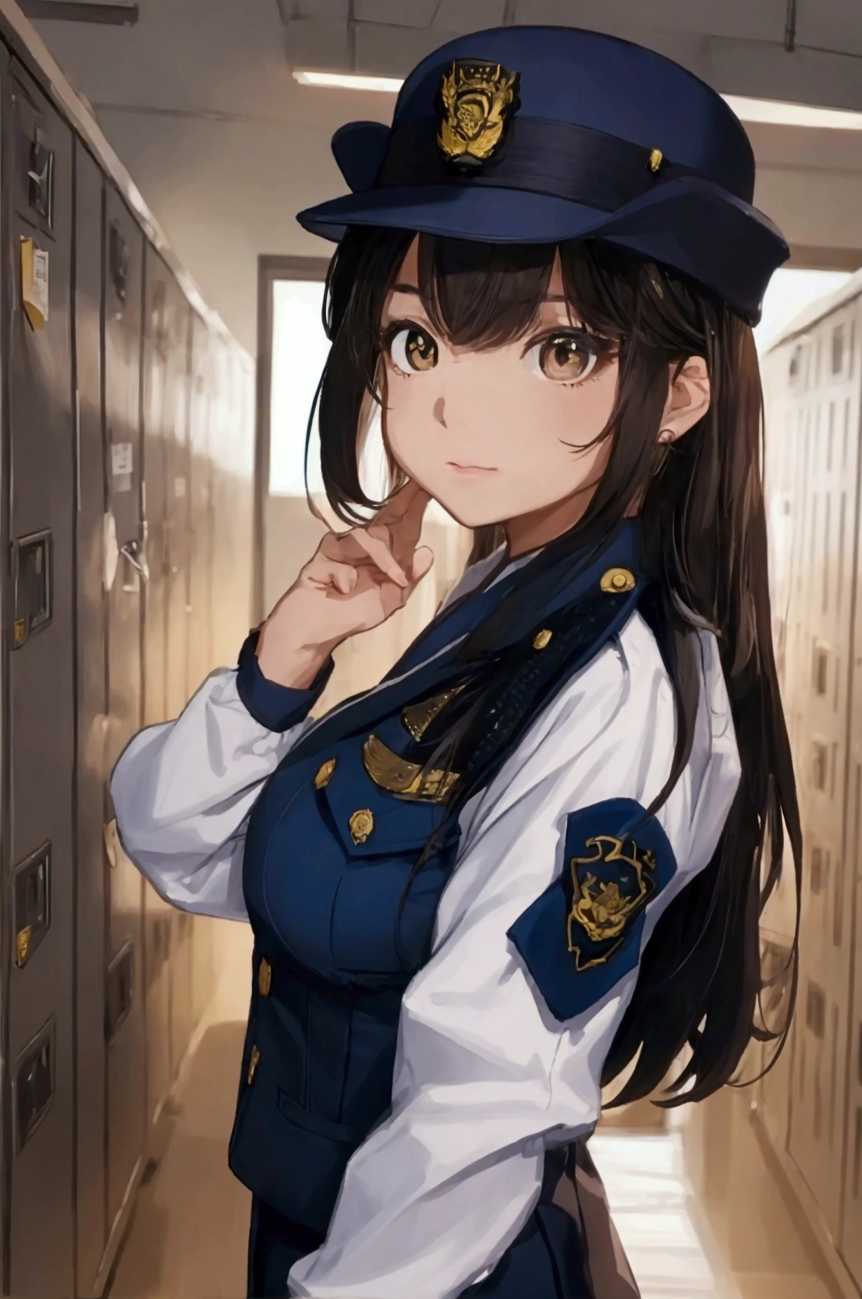 (ultra highres、ultra quality、Masterpiece、8k、),A girl with light hair drawn in high resolution policewoman.japannse police woman、Young and cute 、Asian woman,s hot, Japanese Model, Cute Core, , Chubby 、(big breast)、locker room、White blouse