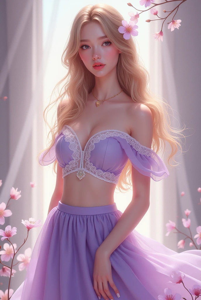 Beautiful Girl,sweet,whole body,High heel,Off-shoulder,Purple skirt,Lace,Flowers