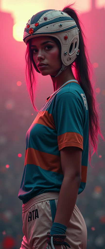 a female rapper in rugby wear with hip hop motifs, ruby helmet, playing rugby rap gestures, 1girl, detailed facial features, hyperrealistic, intricate details, vibrant colors, dramatic lighting, cinematic composition, award-winning digital art, photorealistic, 8k, best quality