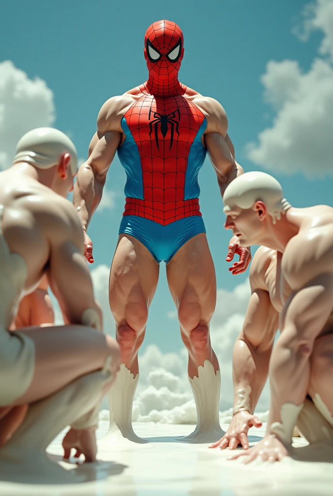 Man with spiderman mask in swimsuit surrounded by strong men with milk on their bodies while crouching 
