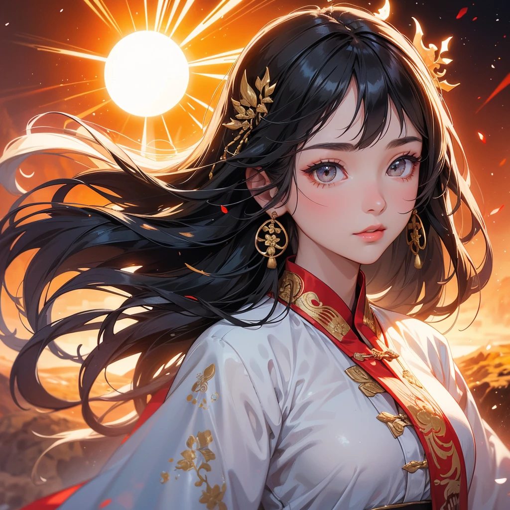 A beautiful girl with black long hair, wear white ancient chinese clothes, with the sun shining on her face, close up.

Background is a volcano, lava erupting red