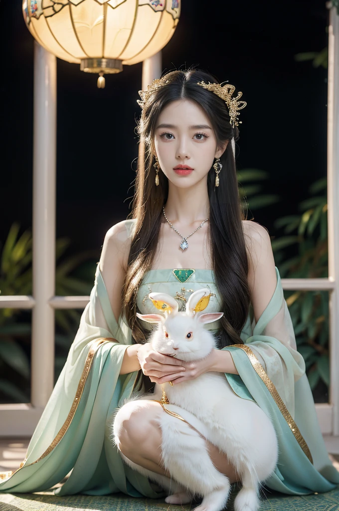 Mid-Autumn Festival Chang'e
(((best quality))),(((ultra detailed))),(((masterpiece))),illustration,((1 beautiful girl,fairy,Chang'e,独奏)),((earrings,necklace)),((slim,thin)),((small breasts,flat chest)),(magnificent white sheer Hanfu:1.3),(Slender legs:1.2),(stockings:1.3),(Holding a jade rabbit in arms:1.5),((moon,Mid-Autumn Festival)),(in luxurious crystal palace:1.3),face bright,beautiful and moving,exquisite patterns,gold and silver threads,flowing skirt,charming,hair accessory,silver hairpin,gemstones,brilliance,luxurious decorations,gold and silver jewelry,transparent windows,crystal balls,gemstone towers,bright moonlight,mysterious and beautiful,fur,enjoy,story of Chang'e,fairyland,(night scene:1.3),((from front,upper body))