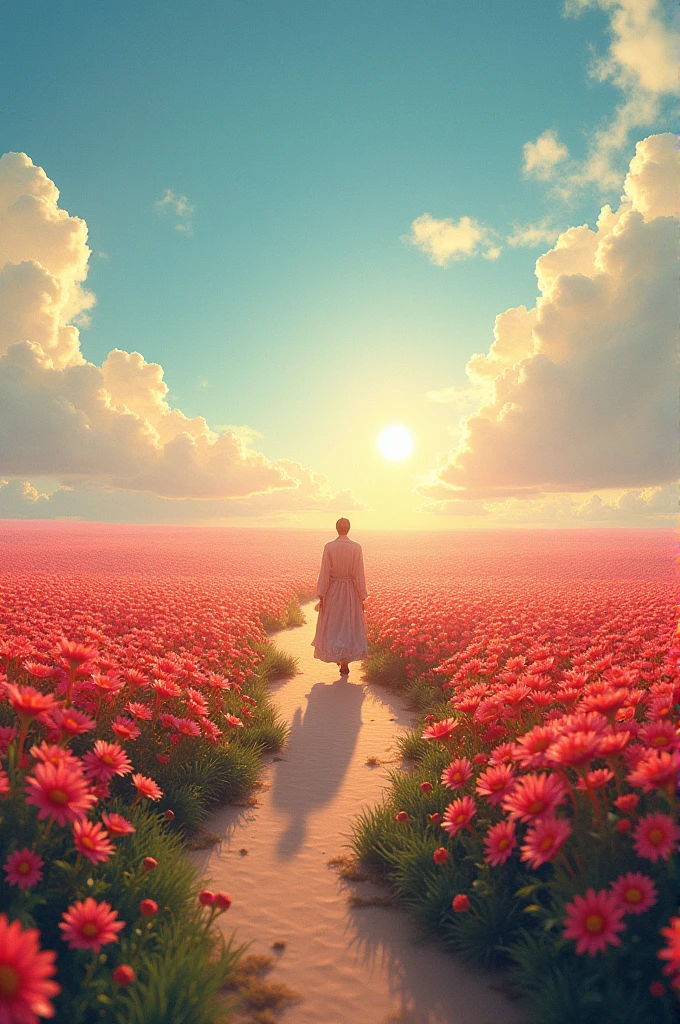 imagine a graceful journey back home, surreal, fantasy, peaceful morning, sea of equinox "higanbana" flowers in front, peaceful life of hope, photorealisic
