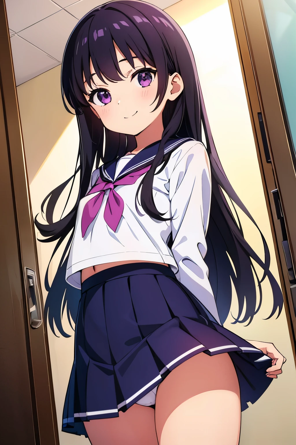 Girl's room Elementary school student, , toddler, flat chest, black hair, long hair, purple eyes smile White short-sleeved sailor uniform top Navy blue mini skirt White Girls' Shorts barefoot ((I can see her pantiesing on the bed Dynamic angle Low angle