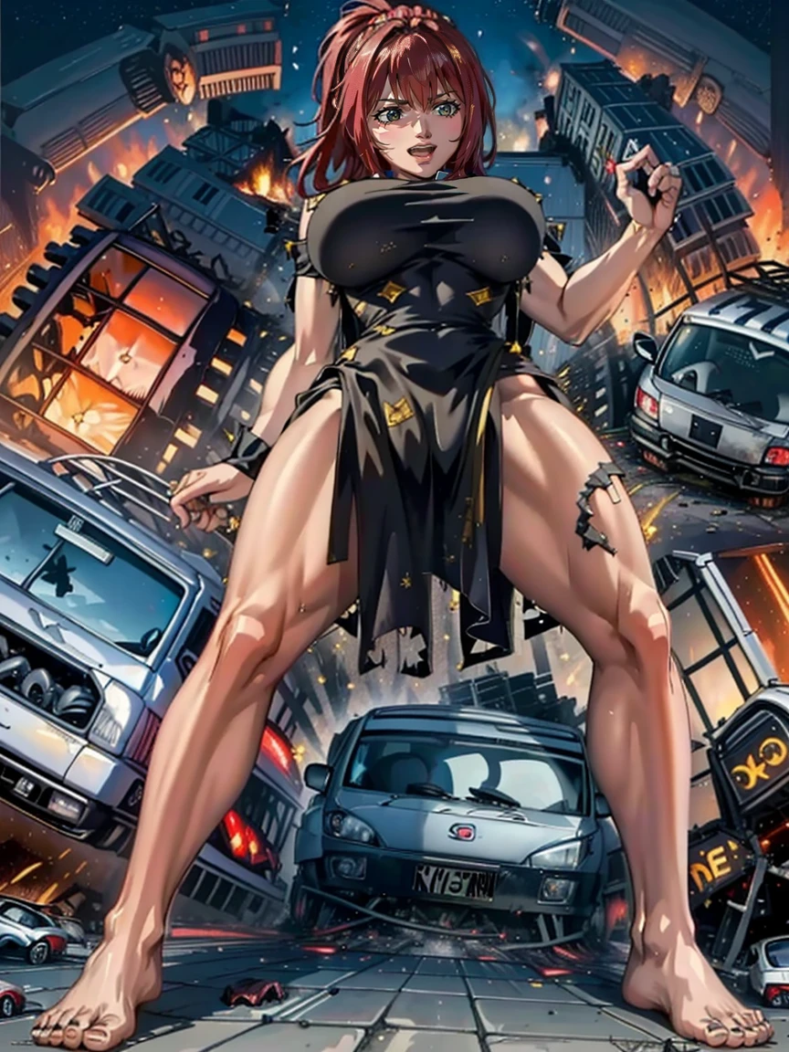 （Giant Elements、High resolution、High resolution、high quality、Accurate body structure、Detailed body、Barefoot woman）、(A very angry woman lifts a car:1.6)、(Destroyed cars:1.6))
