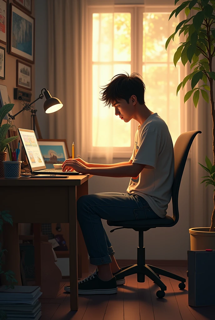 A young Indonesian man named Raka, 1, sits at his desk in a cozy bedroom bathed in soft morning sunlight. He has short, messy hair and wears casual modern clothing (jeans and a graphic tee). His desk is filled with various creative tools, including sketches, a guitar, and tech gadgets. He stares intently at his Acer-branded laptop, deep in thought. The room's atmosphere is reflective and peaceful.