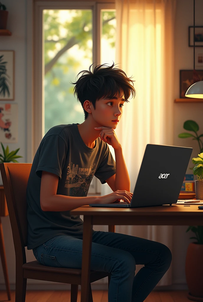 A young Indonesian man named Raka, 1, sits at his desk in a cozy bedroom bathed in soft morning sunlight. He has short, messy hair and wears casual modern clothing (jeans and a graphic tee). His desk is filled with various creative tools, including sketches, a guitar, and tech gadgets. He stares intently at his Acer-branded laptop, deep in thought. The room's atmosphere is reflective and peaceful.