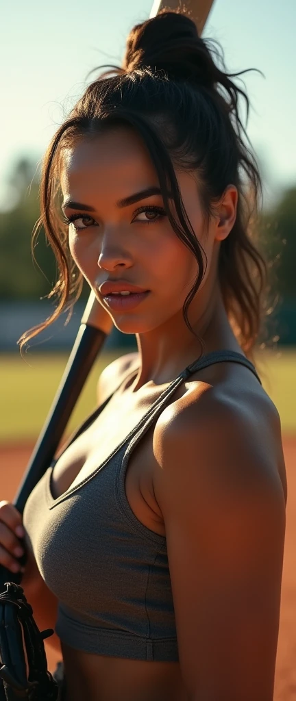 assertive woman,militant female,tank top,baseball wear,hip hop motifs,swaggerly playing baseball,baseball bat,pitcher glove,field course,rap gestures,detailed portrait,beautiful detailed eyes,beautiful detailed lips,extremely detailed face,long eyelashes,photorealistic,hyper detailed,ultra realistic,8k,masterpiece,cinematic lighting,dramatic shadows,vivid colors,bold colors,gritty,urban,edgy,powerful