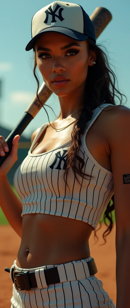 assertive woman,militant female,tank top,baseball wear,hip hop motifs,swaggerly playing baseball,baseball bat,pitcher glove,field course,rap gestures,detailed portrait,beautiful detailed eyes,beautiful detailed lips,extremely detailed face,long eyelashes,photorealistic,hyper detailed,ultra realistic,8k,masterpiece,cinematic lighting,dramatic shadows,vivid colors,bold colors,gritty,urban,edgy,powerful
