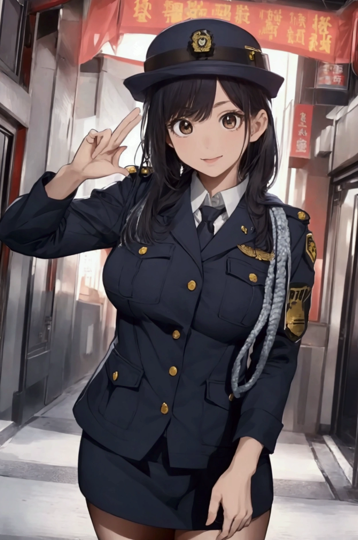 (ultra highres、ultra quality、Masterpiece、8k、5 fingers、),A girl with light  hair drawn in high resolution policewoman.japannse police woman、Young and cute 、Asian woman,s hot, Japanese Model, Cute Core,  , Chubby、wear a hat 、big breast