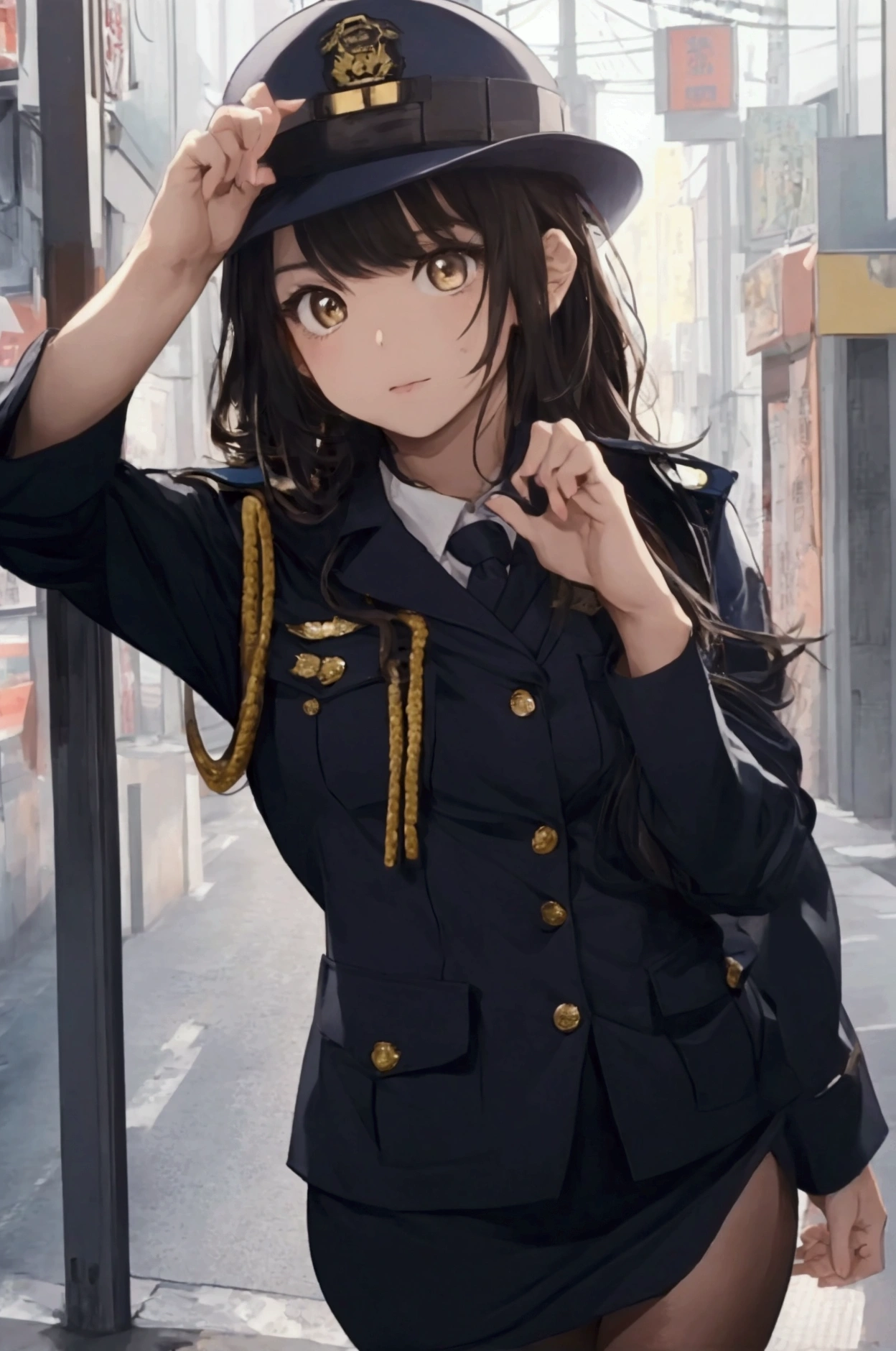 (ultra highres、ultra quality、Masterpiece、8k、5 fingers、),A girl with light hair drawn in high resolution policewoman.japannse police woman、Young and cute 、Asian woman,s hot, Japanese Model, Cute Core, , Chubby、wear a hat 、big breast