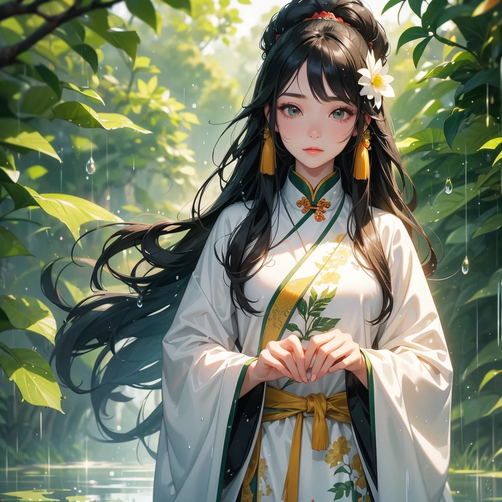 A beautiful girl with black long hair, wear white ancient chinese clothes, with the sun shining on her face, close up.

Background is trees, vegetables, lush green, with water drops after rain, with water droplets everywhere, green