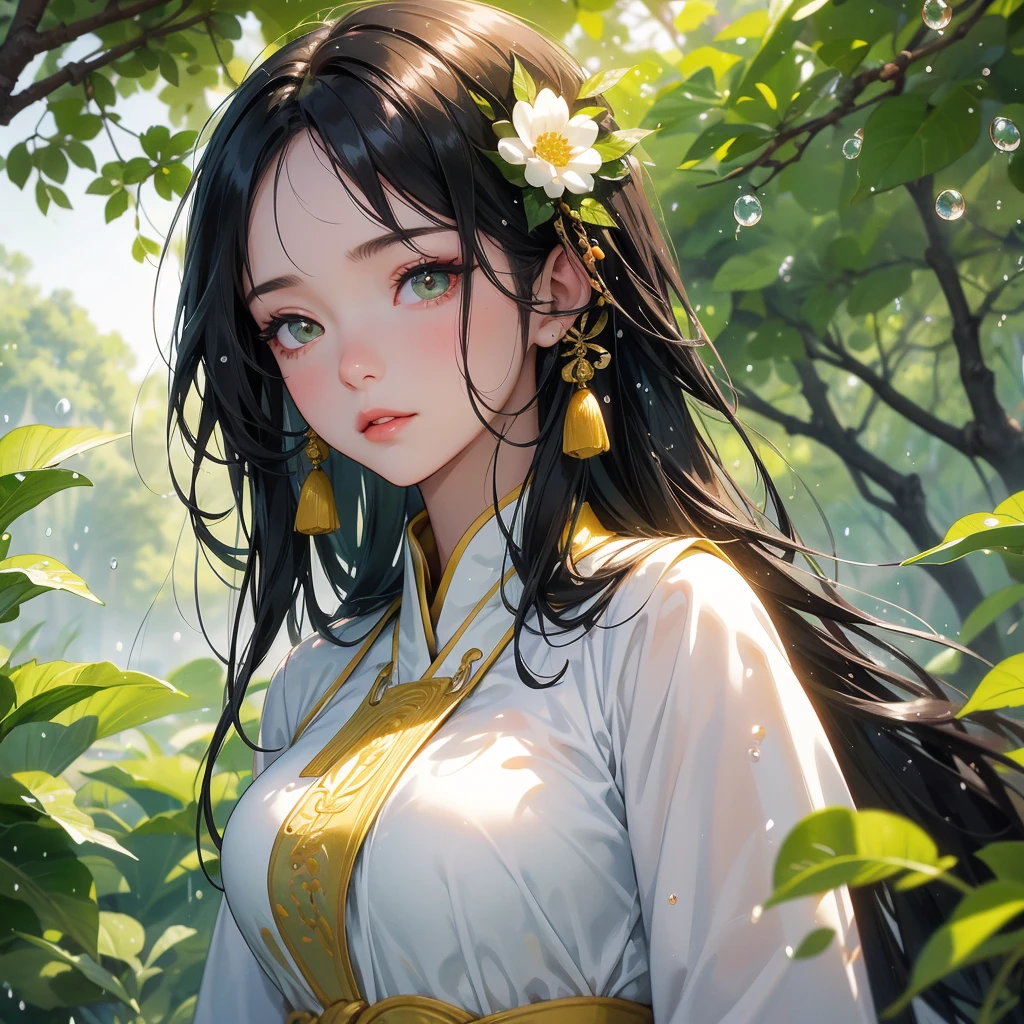A beautiful girl with black long hair, wear white ancient chinese clothes, with the sun shining on her face, close up.
Background is trees, vegetables, lush green, with water drops after rain, with water droplets everywhere, green