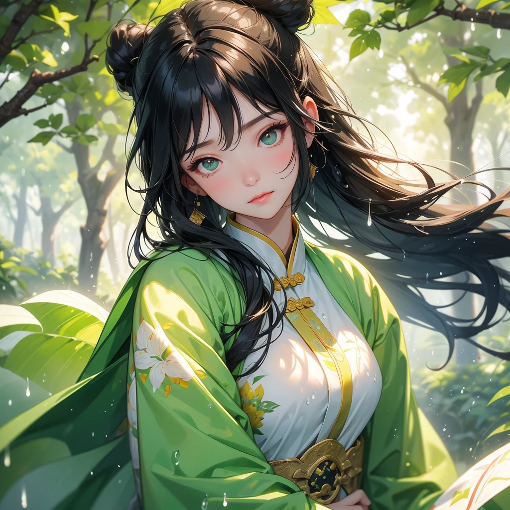 A beautiful girl with black long hair, wear white ancient chinese clothes, with the sun shining on her face, close up.

Background is trees, vegetables, lush green, with water drops after rain, with water droplets everywhere, green