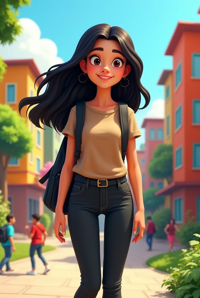 create a college girl that wears light brown tshirt and black pants with black school bag she has  black hair also. Adopt the design in nickelodeon