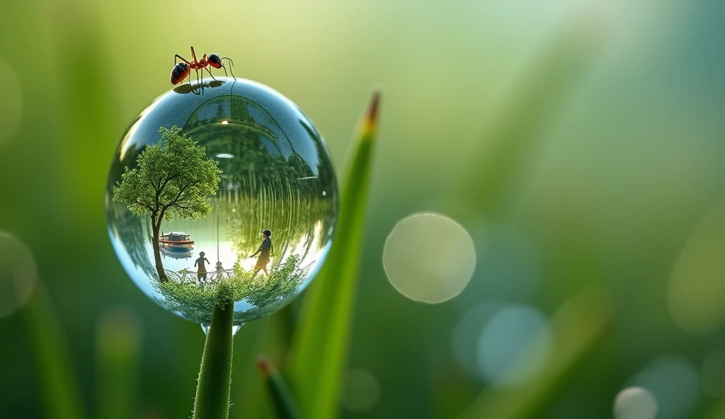 A photo of a dewdrop on a blade of grass with a tiny ant walking across it. The world beyond the drop is distorted and magnified, revealing a small landscape with trees, buildings, and people. The background is blurred.